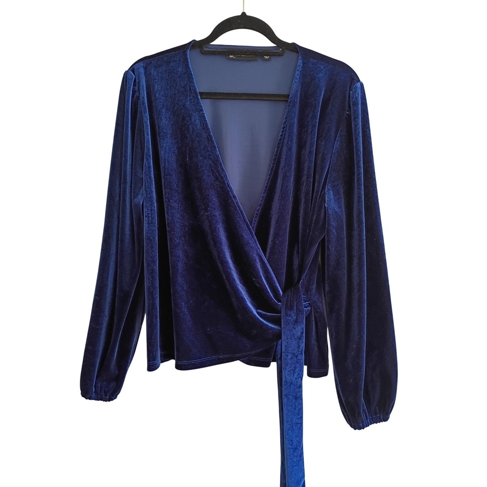 New York & Company Royal Blue Velvet Wrap Top Balloon Sleeve XL